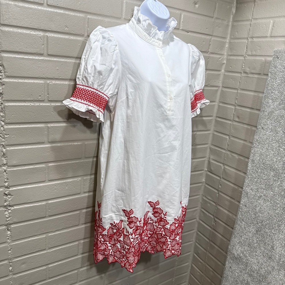 Hyacinth House Eliza Mini Dress White Red Embroidery Smocked Ruffle Neck NWT M - Picture 6 of 16